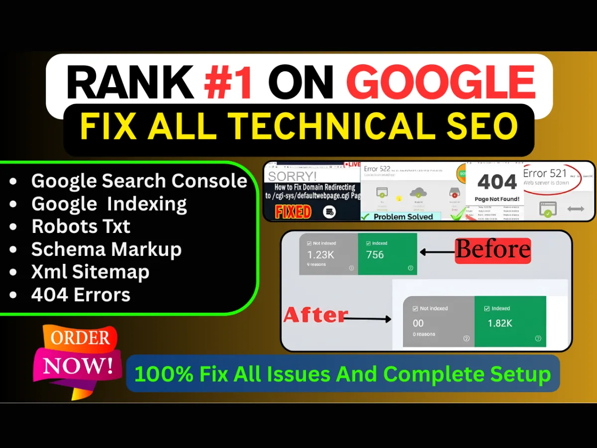 fix google search console and index,404 error, xml sitemap, robots txt, broken links,technical SEO