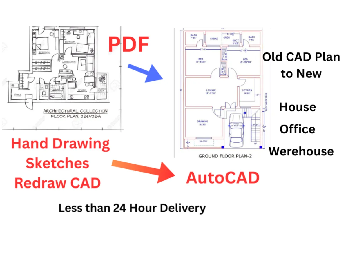 Convert PDF to AutoCAD, Sketches to AutoCAD, Redraw AutoCAD
